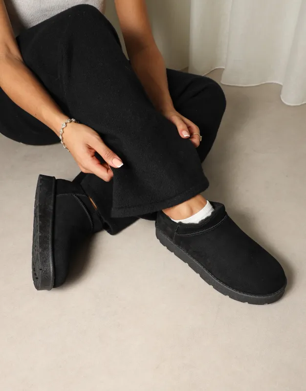 Emmy Black Faux Suede Micro Flatform Boots sold by Simmi London