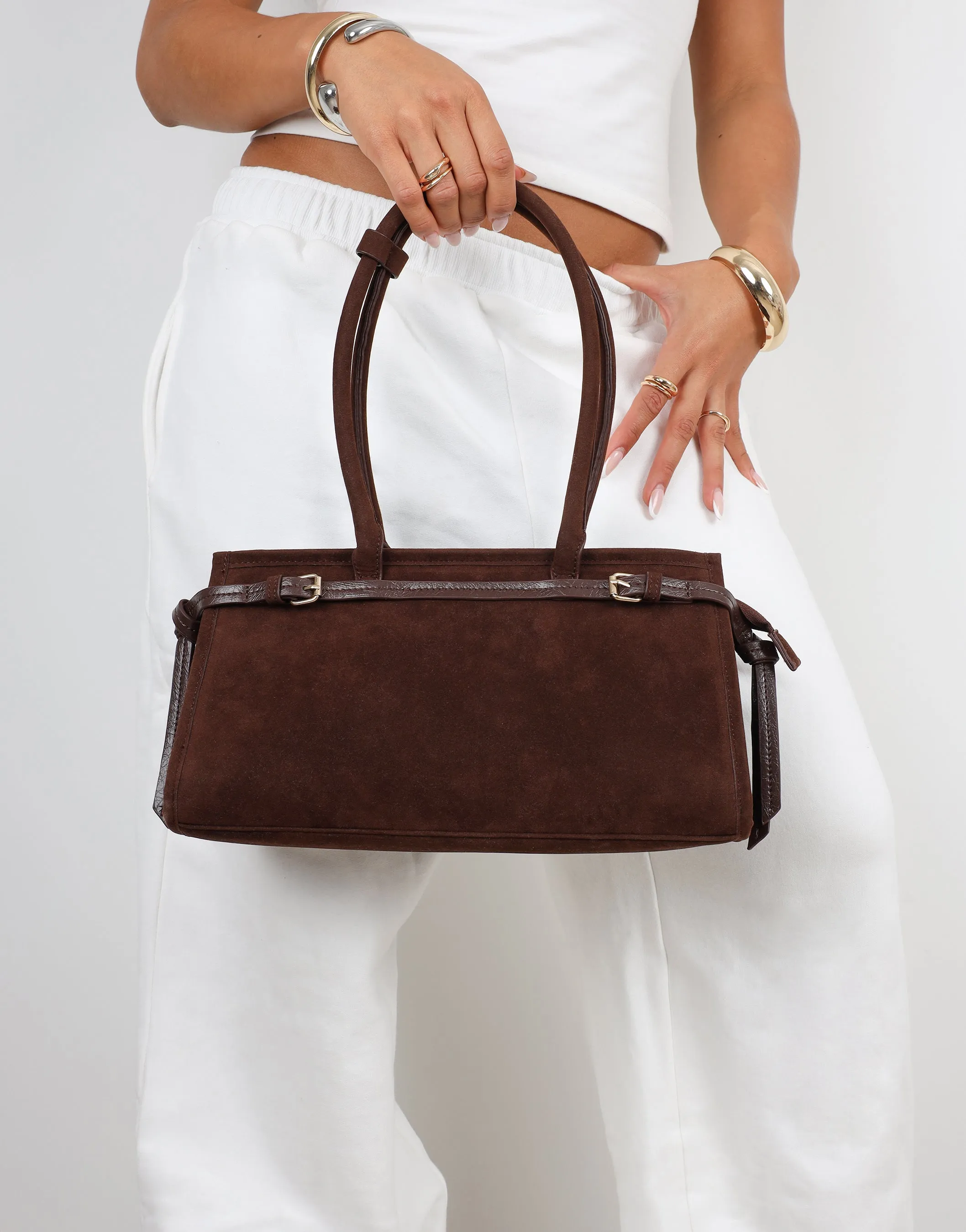 Eos Chocolate Suede Handbag sold by Simmi London