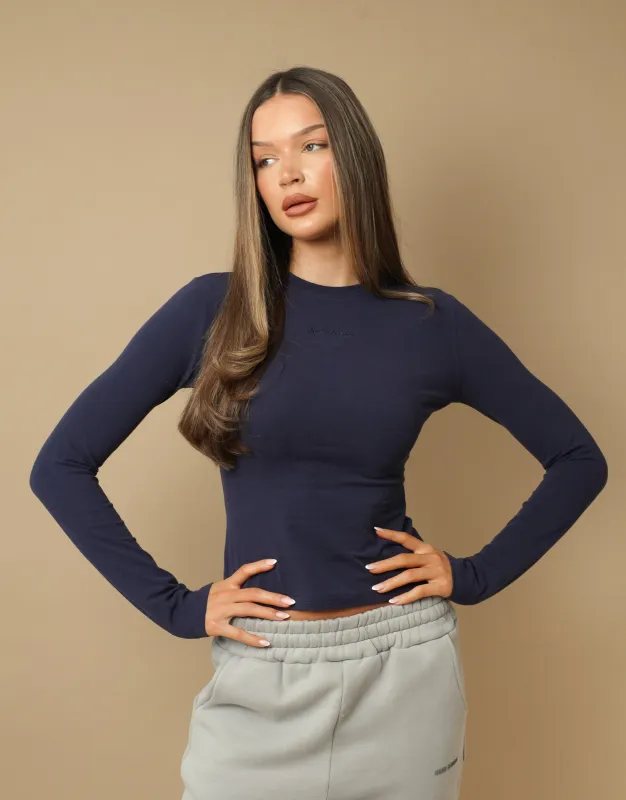 Olivia Long Sleeve Soft Cotton T-Shirt In Navy sold by Simmi London