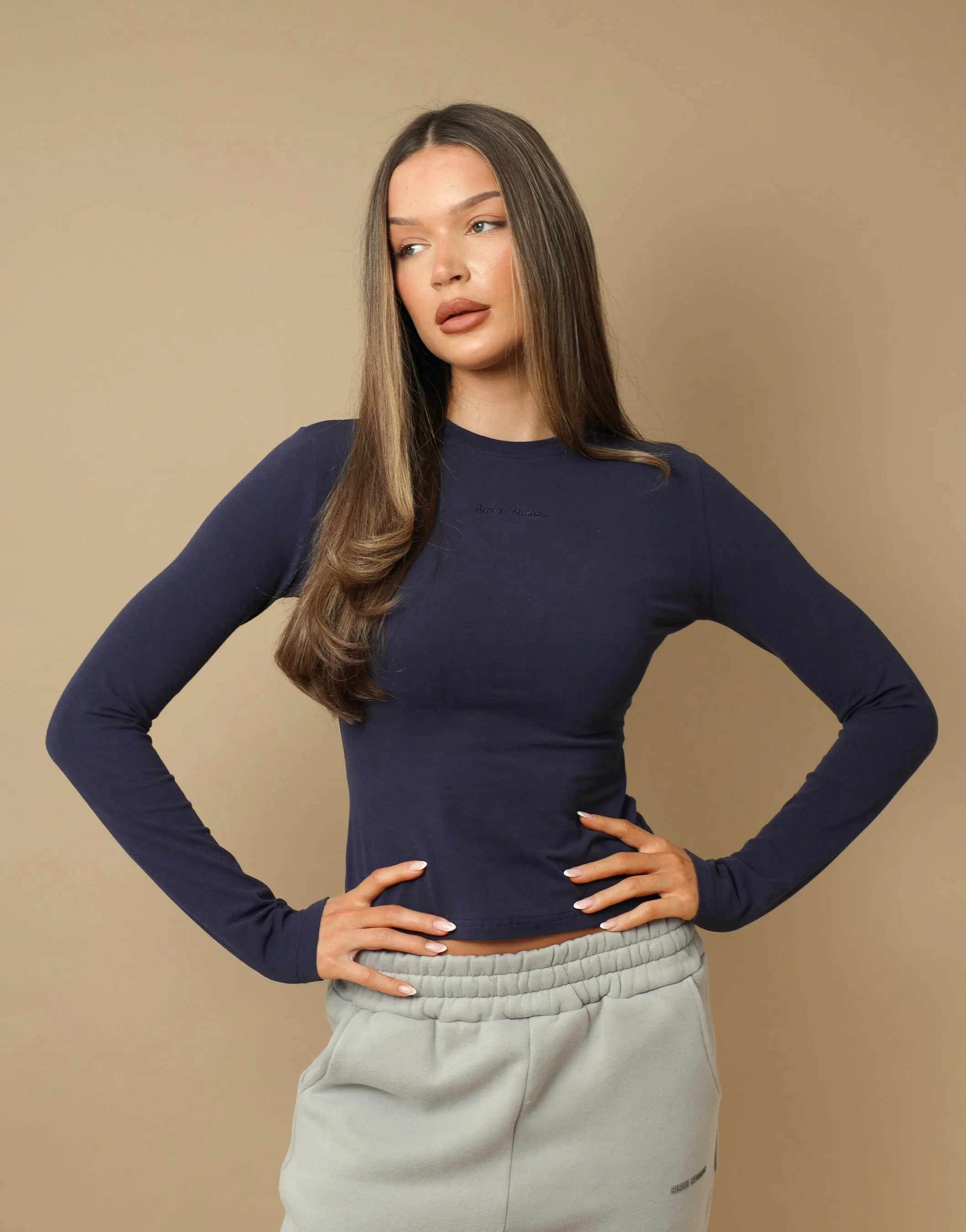 Olivia Long Sleeve Soft Cotton T-Shirt In Navy sold by Simmi London