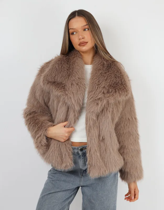 Arabella Oversized Collar Premium Faux Fur Coat in Mocha sold by Simmi London