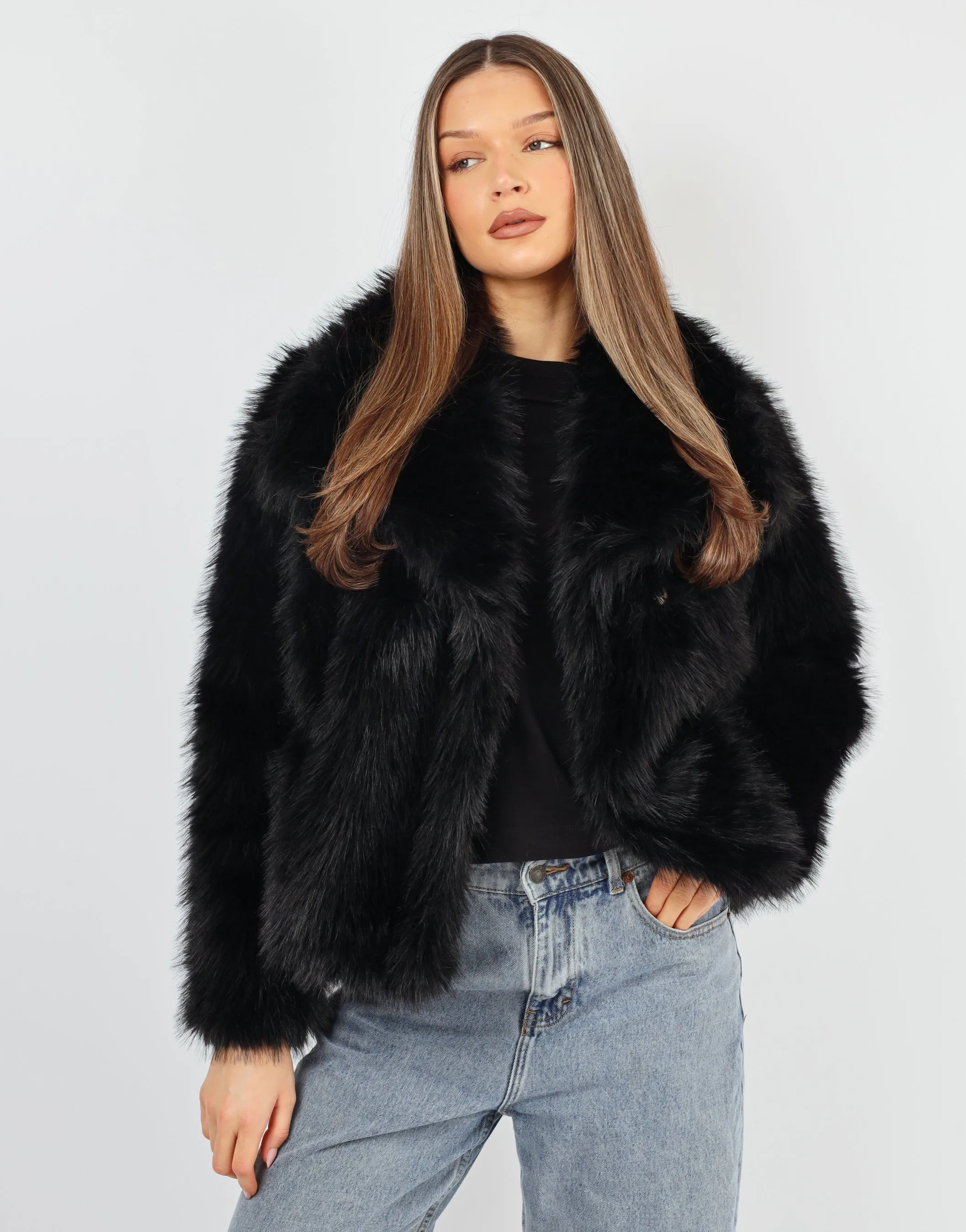 Arabella Oversized Collar Premium Faux Fur Coat in Black sold by Simmi London