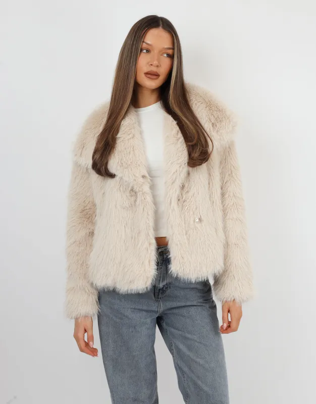 Arabella Oversized Collar Premium Faux Fur Coat in Beige sold by Simmi London