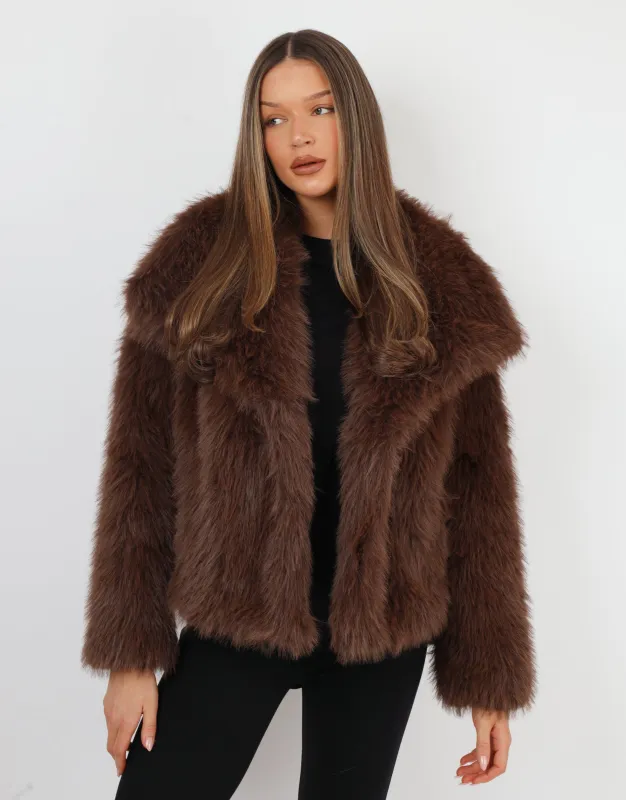 Arabella Oversized Collar Premium Faux Fur Coat in Dark Brown sold by Simmi London