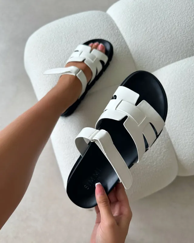 Adelle White Chunky Velcro Strap Flat Sandals sold by Simmi London