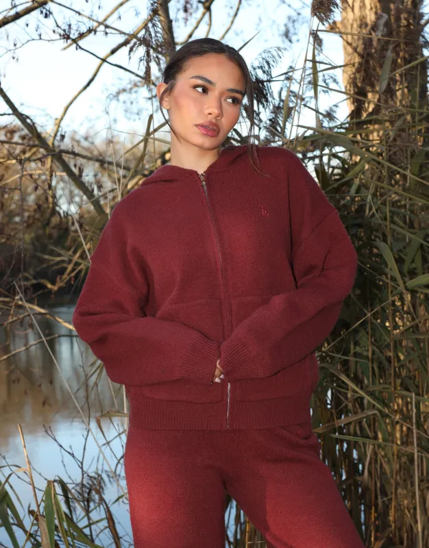 Harper Simmi Studios Knitted Zip Hoodie In Burgundy sold by Simmi London