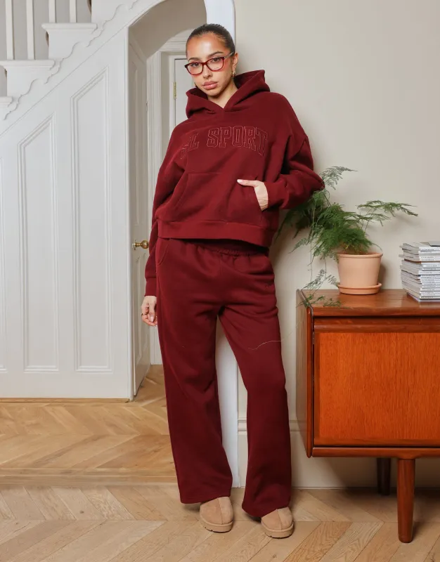 Myla Simmi Studios SL Sport Flared Joggers in Burgundy made by Simmi London