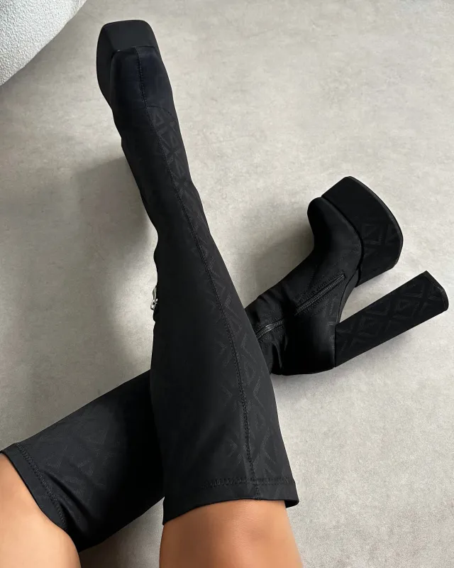 Franks Black Stretch Printed Knee Boots sold by Simmi London