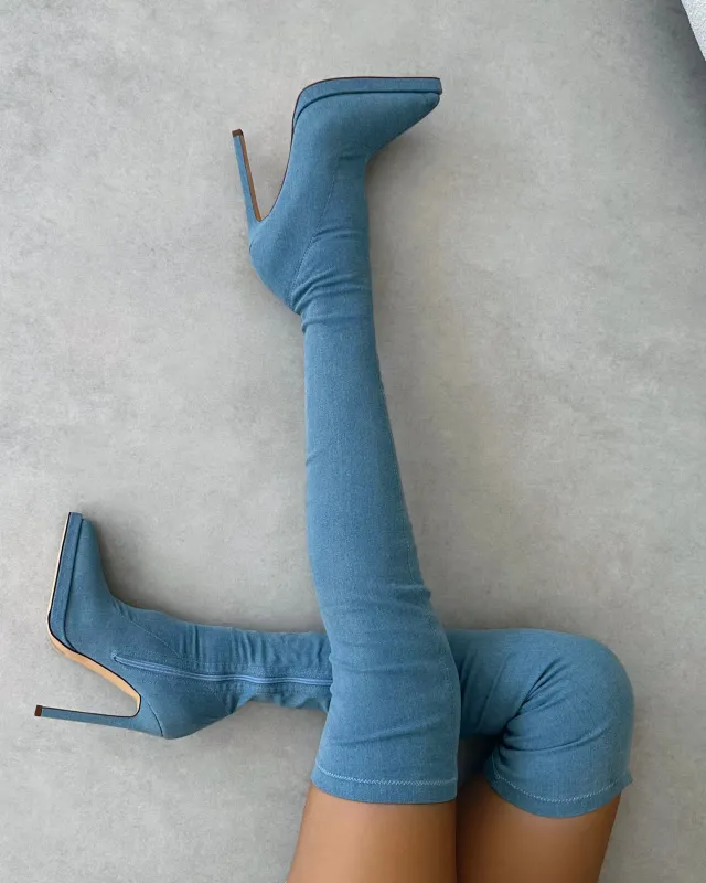 Lewie Blue Denim Stretch Pointed Toe Thigh High Stiletto Boots sold by Simmi London