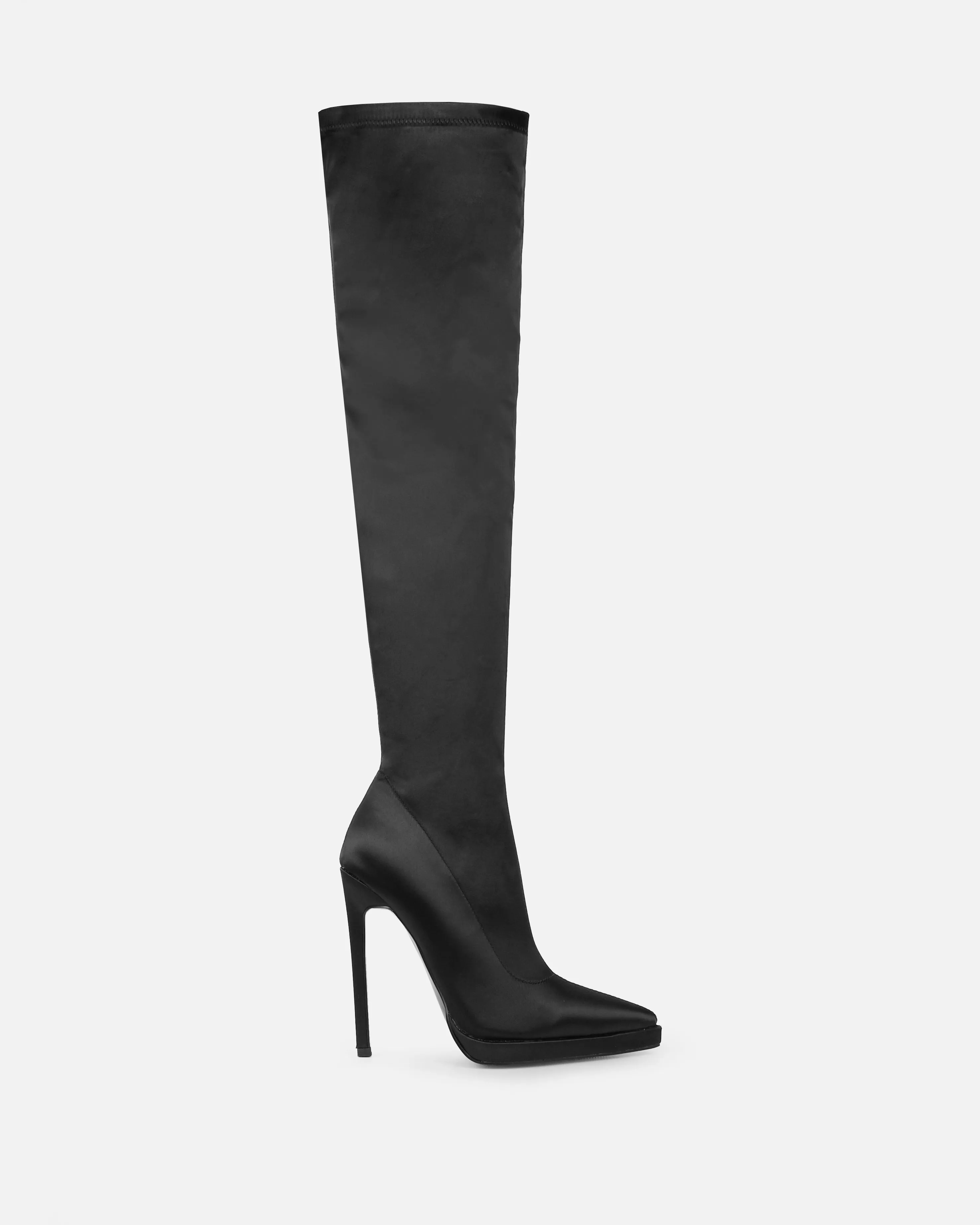 Lewie Black Stretch Satin Pointed Toe Stiletto Thigh High Boots sold by Simmi London product image thumbnail 2