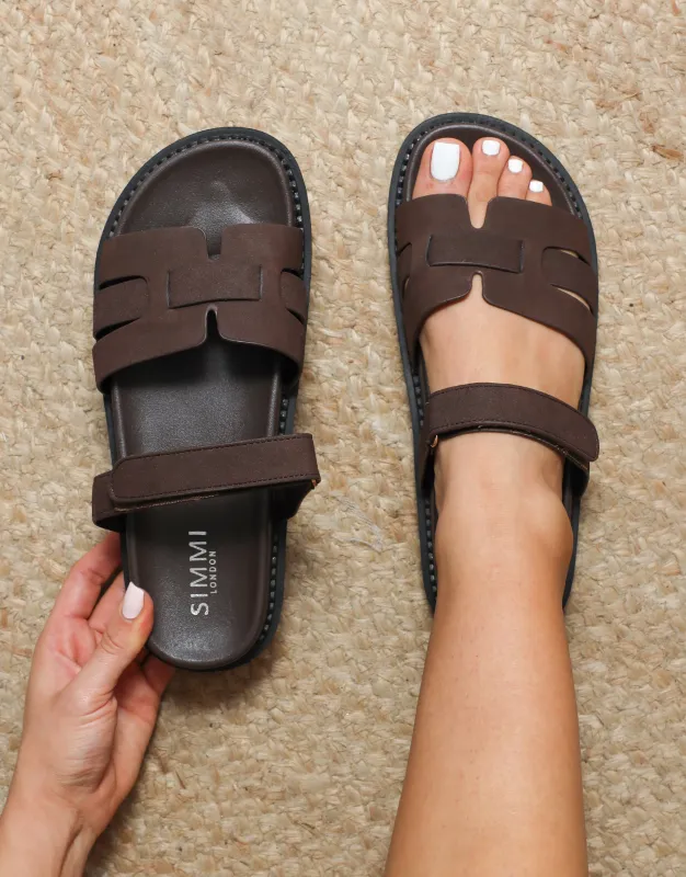 Adelle Brown Nubuck Chunky Footbed Slides sold by Simmi London