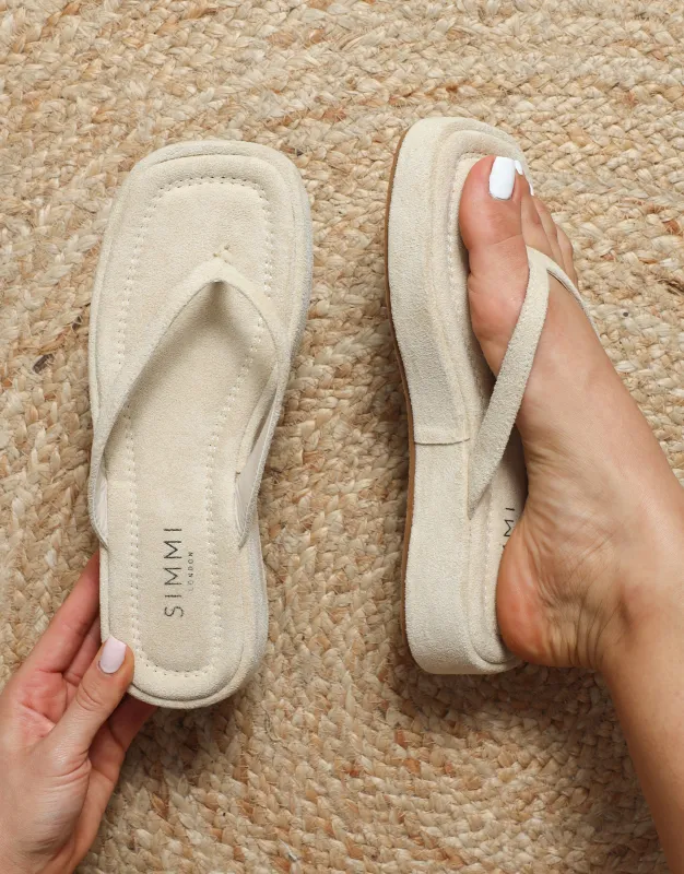 Kimmie Beige Suede Flatform Toe Thong Sandals sold by Simmi London