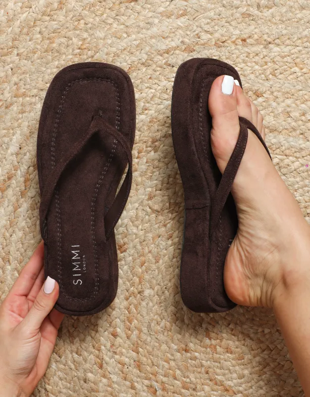 Kimmie Brown Suede Flatform Toe Thong Sandals sold by Simmi London