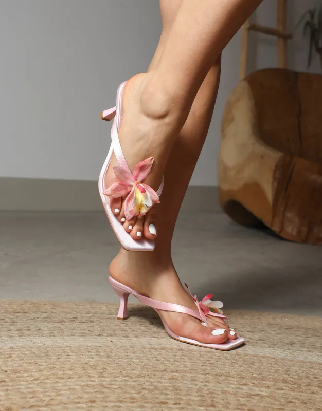 Ruby Pink Satin Flower Detail Mules sold by Simmi London