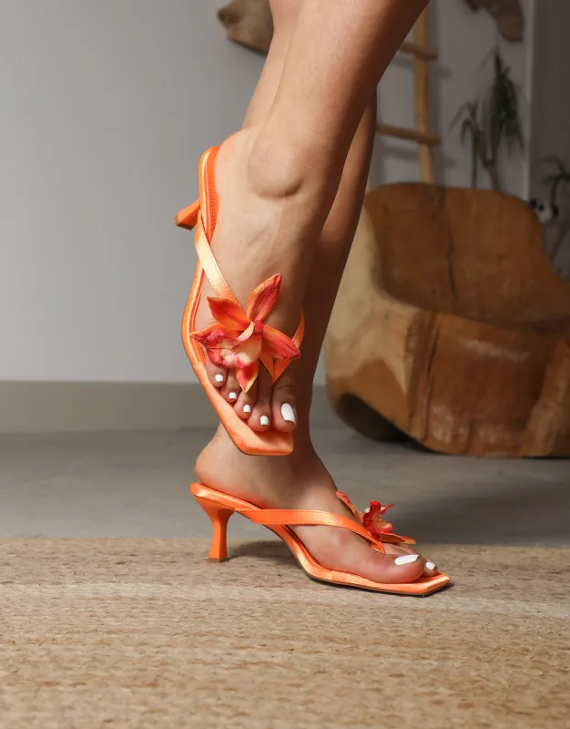 Ruby Orange Satin Flower Detail Mules sold by Simmi London