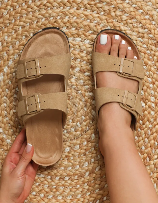 Manny Taupe Slip On Footbed Flat Sandals made by Simmi London