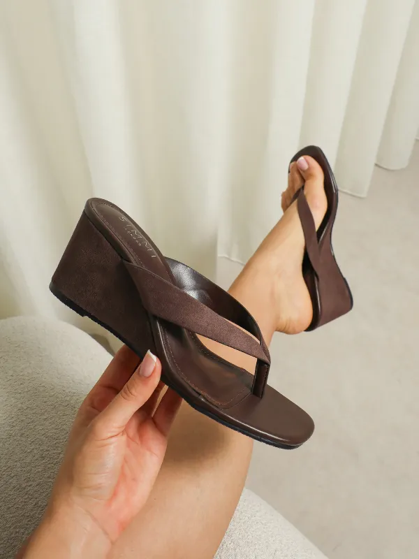 Jules Brown Suede Toe Post Wedge Sandals made by Simmi London