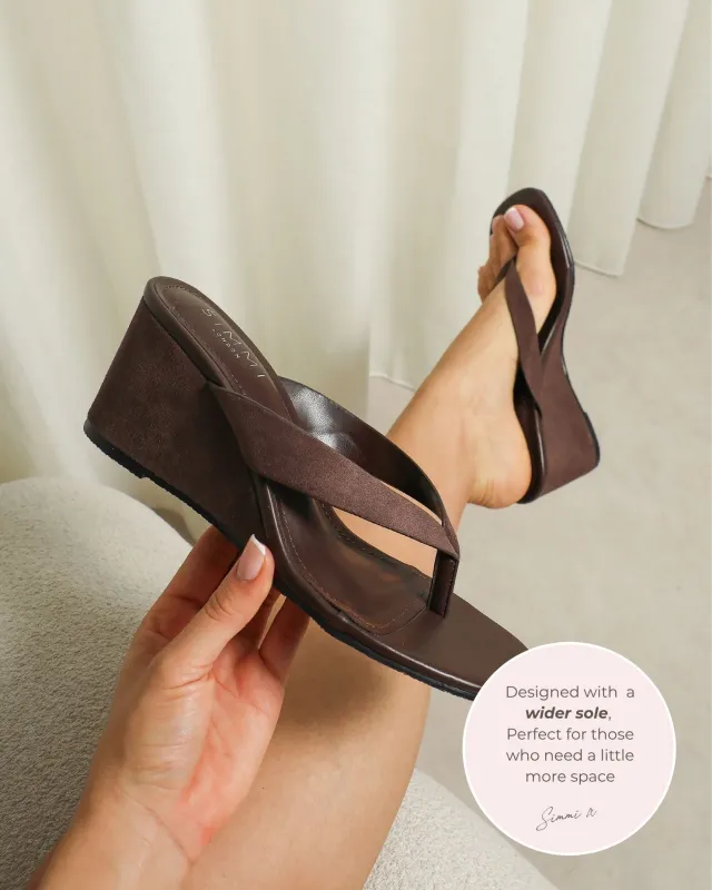 Jules Brown Suede Toe Post Wedge Sandals Wide Fit made by Simmi London