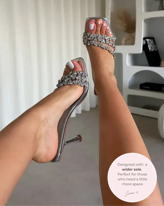 Blushing Silver Mirror Diamante Wide Fit Mid Heel Mules made by Simmi London