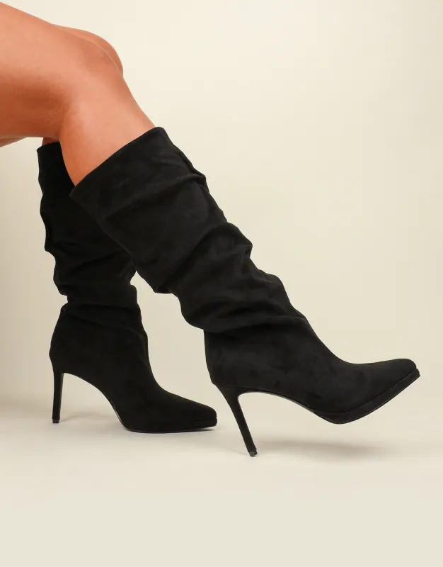 Clarke Black Suedette Ruched Boots made by Simmi London