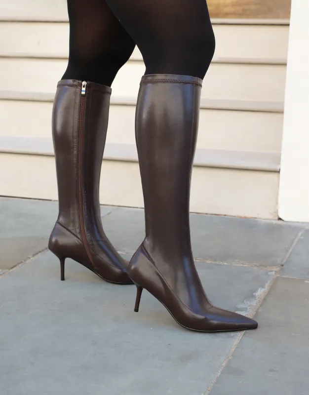 Daniella Brown Stretch Knee High Leather Boots made by Simmi London