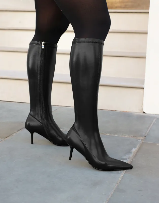 Daniella Black Stretch Knee High Leather Boots made by Simmi London