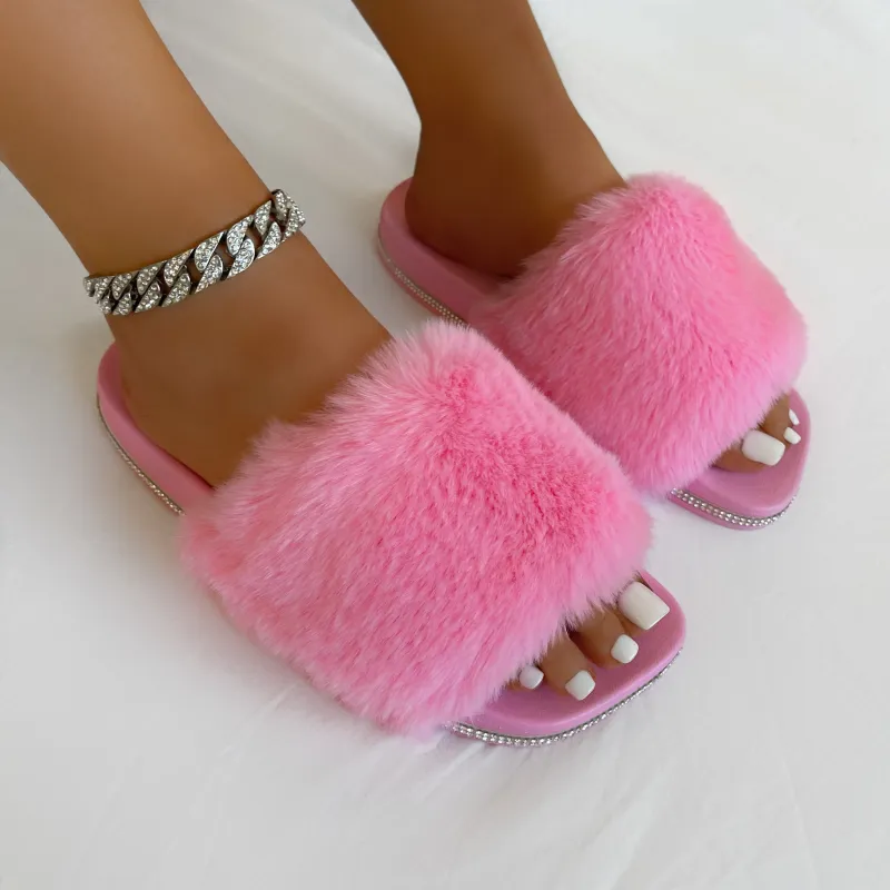 Candyfloss Candy Pink Fluffy Faux Fur Slippers made by Simmi London