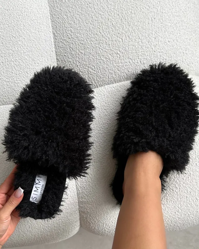 Floof Black Curly Faux Fur Slippers made by Simmi London