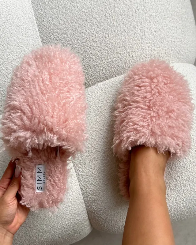 Floof Light Pink Curly Faux Fur Slippers made by Simmi London