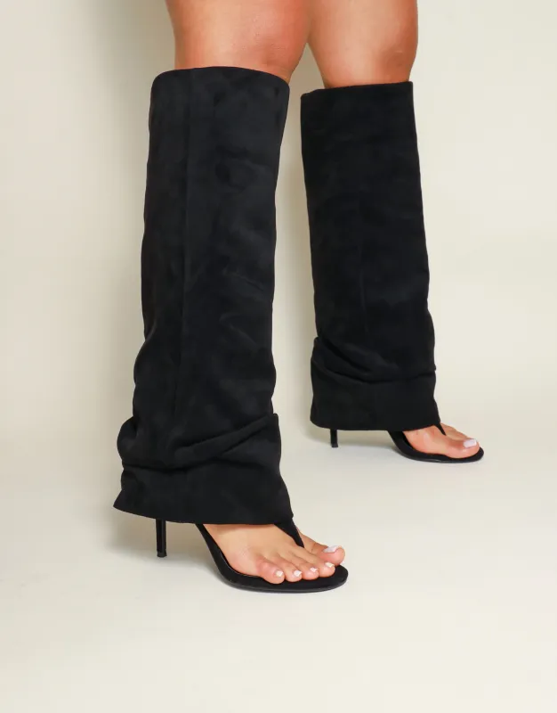 Conon Black Suedette Ruched Knee High Boots made by Simmi London