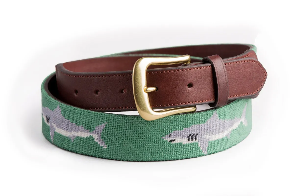 Great White Shark Needlepoint Belt - Moss Green made by Harding Lane