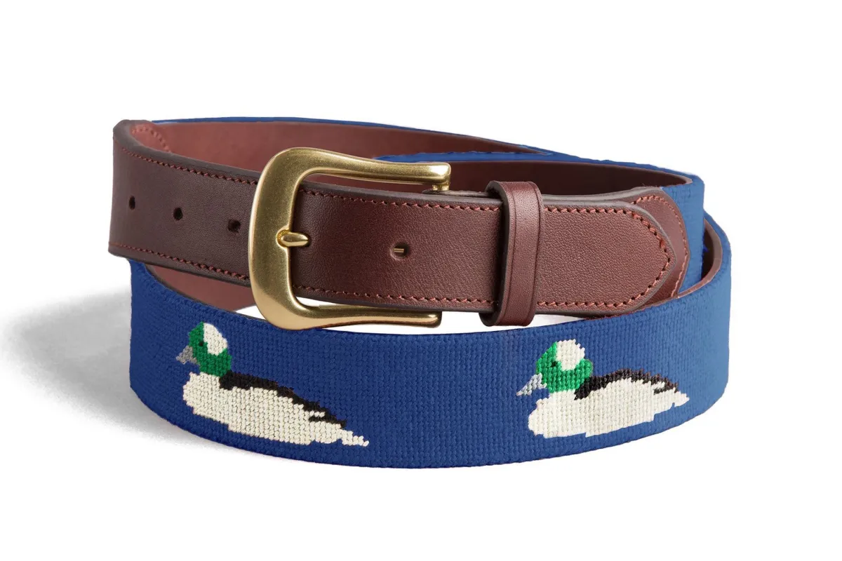 Bufflehead Duck Needlepoint Belt - Faded Navy made by Harding Lane