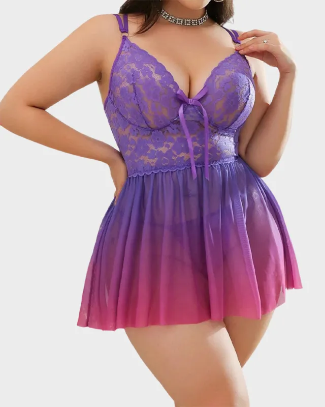 Plus Size Purple Lace Sexy Dress & Thong Set sold by She Curve