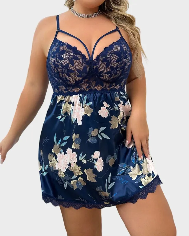 Lace Embroidered Floral Slip Dress & Thong Set made by She Curve