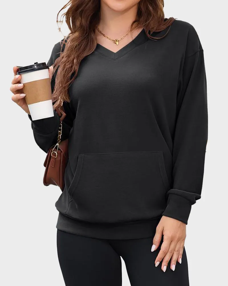 Hoodless Oversized Fleece V-Neck Sweatshirt Top sold by She Curve