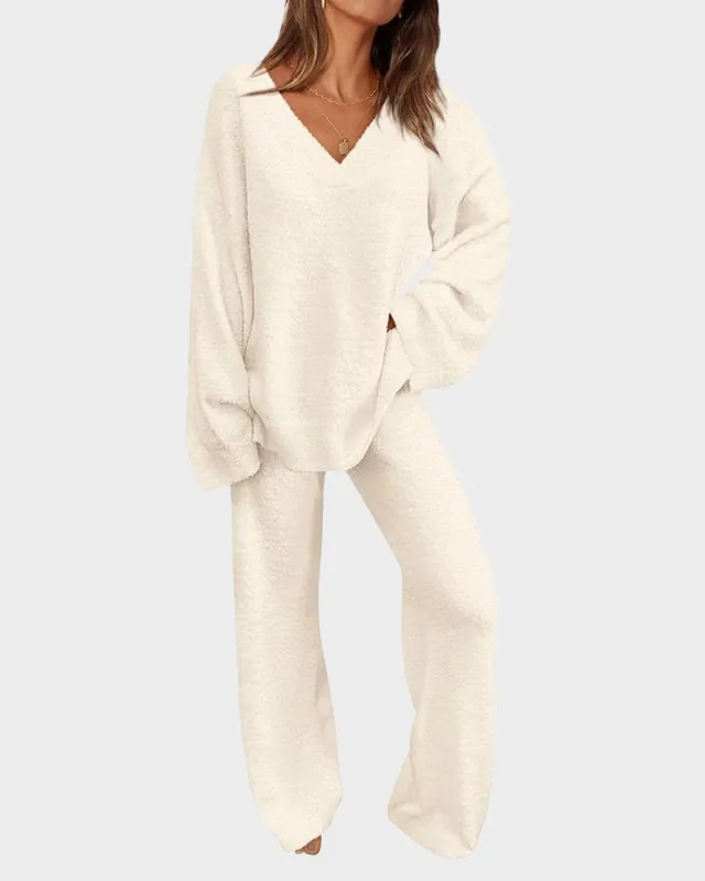 Soft Fuzzy V-Neck Loungewear Set sold by She Curve
