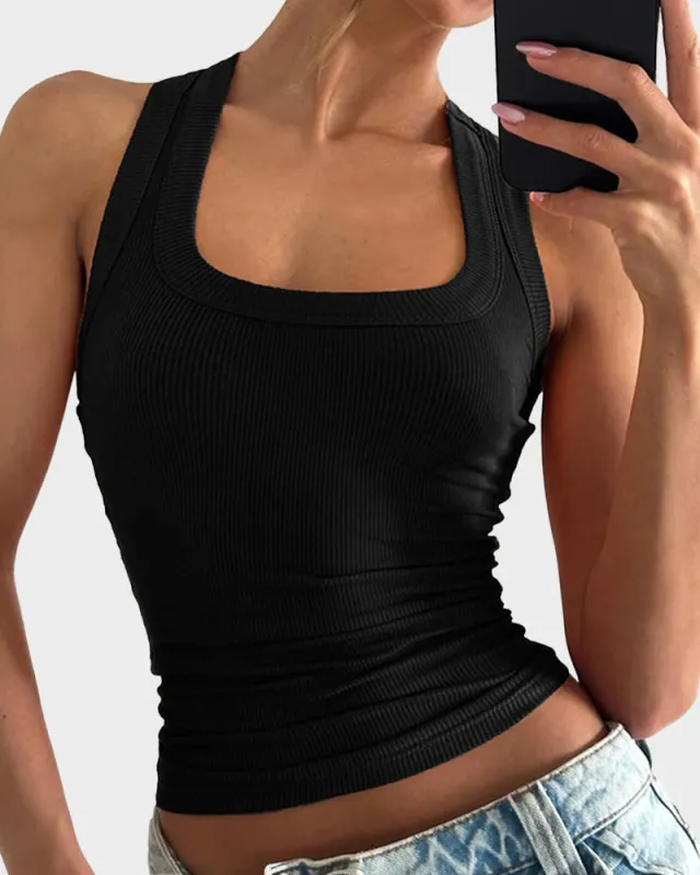Slim-Fit Ribbed Crop Tank Top sold by She Curve