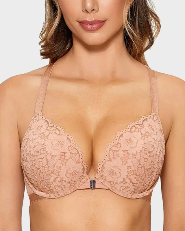 Push-Up Lace Racerback Front-Closure Bra sold by She Curve