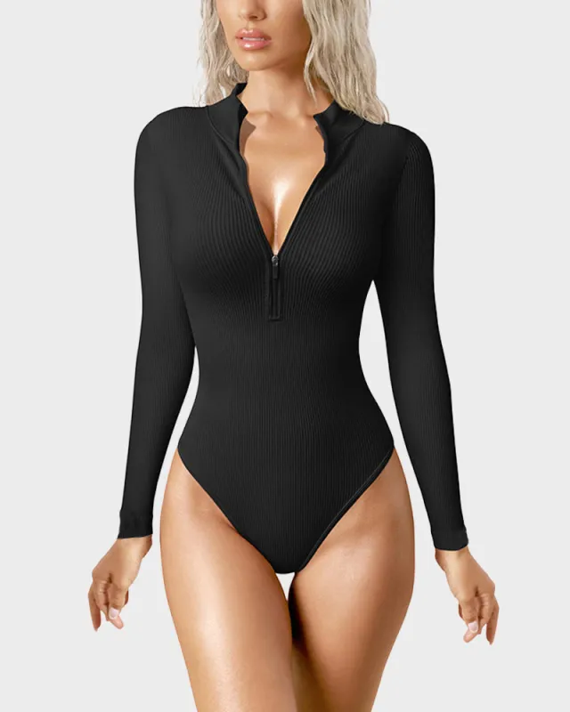 Ribbed Long Sleeve Half-Zip Shaping Bodysuit sold by She Curve