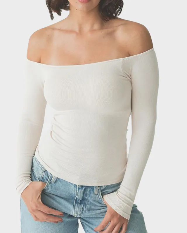 Ribbed Off-Shoulder Top with Built-In Bra sold by She Curve