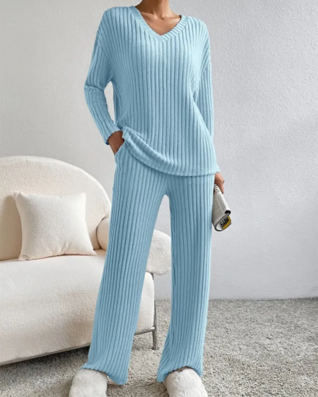 Soft V-Neck Two-Piece Lounge Set sold by She Curve