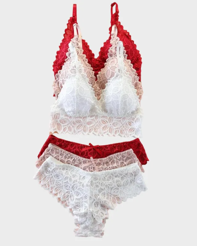 Romantic Lace Triangle Bra & Panty Lingerie Set(3 Pack) sold by She Curve