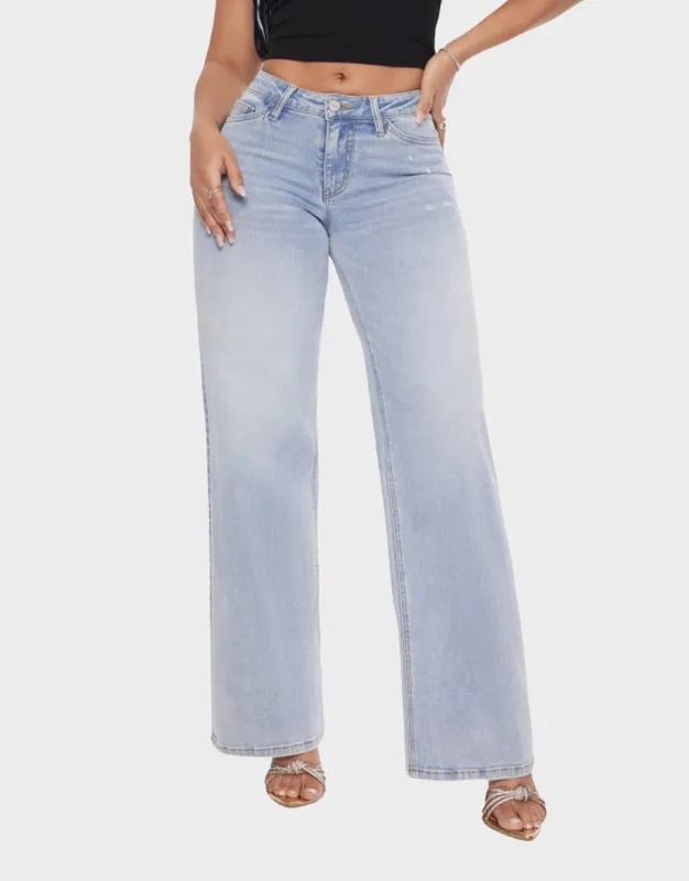 Mid-Low Rise Stretch Baggy Wide-Leg Jeans sold by She Curve