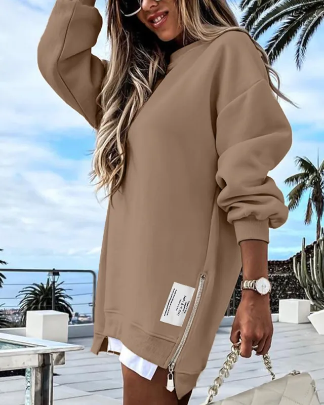 Casual Long Sleeve Zipper Slit Oversized Sweatshirt made by She Curve