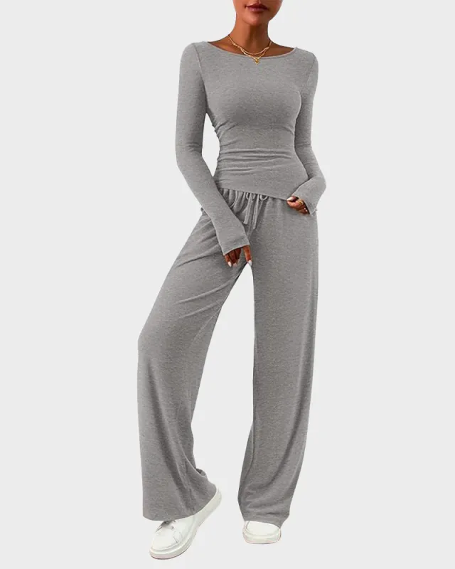 Long Sleeve Tee & Wide Leg Pants 2 Piece Lounge Set sold by She Curve