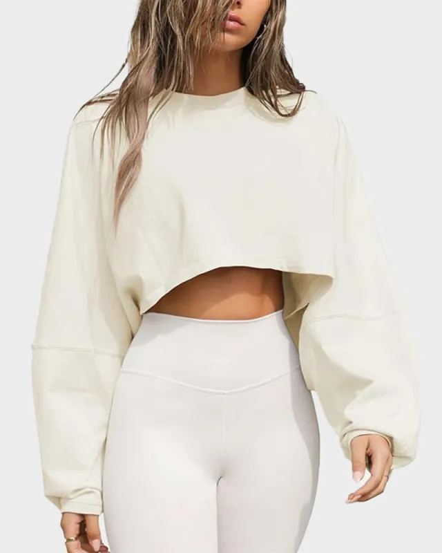 Athletic Cropped Long Sleeve Pullover with Oversized Sleeves sold by She Curve