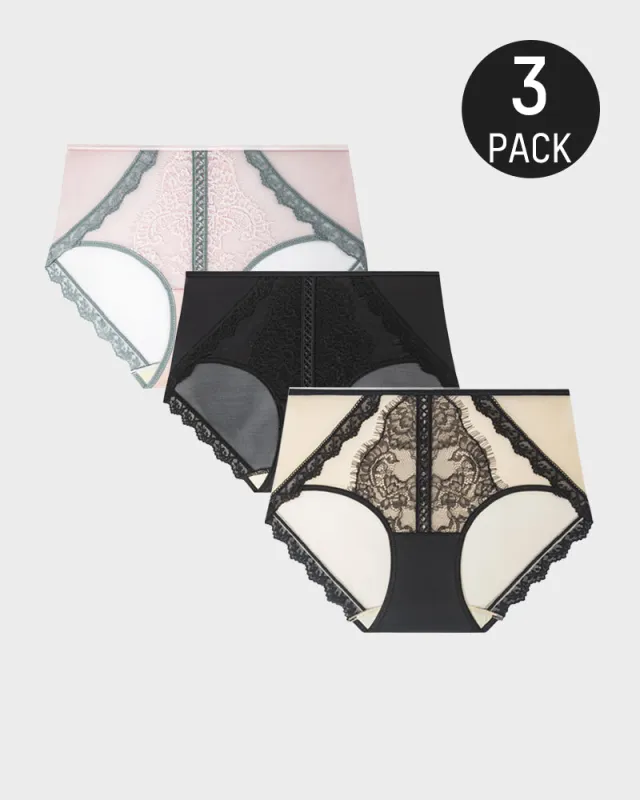 Elegant Antibacterial Mulberry Silk Mid-Waist Lace Panel Panties (3 Pack) sold by She Curve
