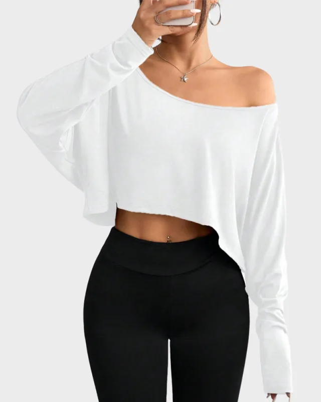 Casual Off-Shoulder Long Sleeve Asymmetrical Crop Top sold by She Curve