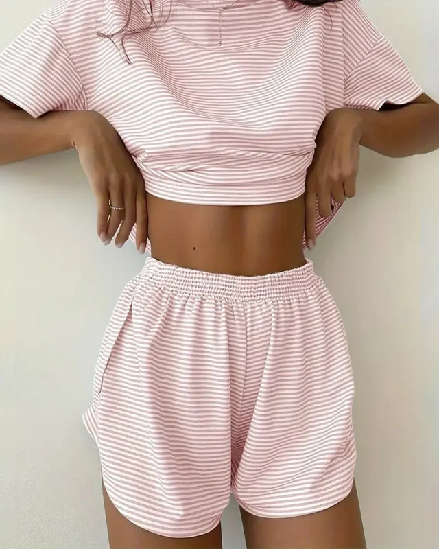 Two-Piece Striped Pajama Set with T-Shirt & Side-Split Shorts sold by She Curve