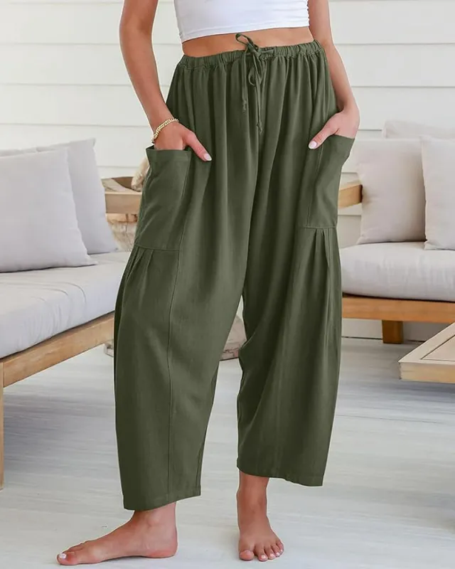 Breezy Linen Blend Wide-Leg Pants with Pockets sold by She Curve